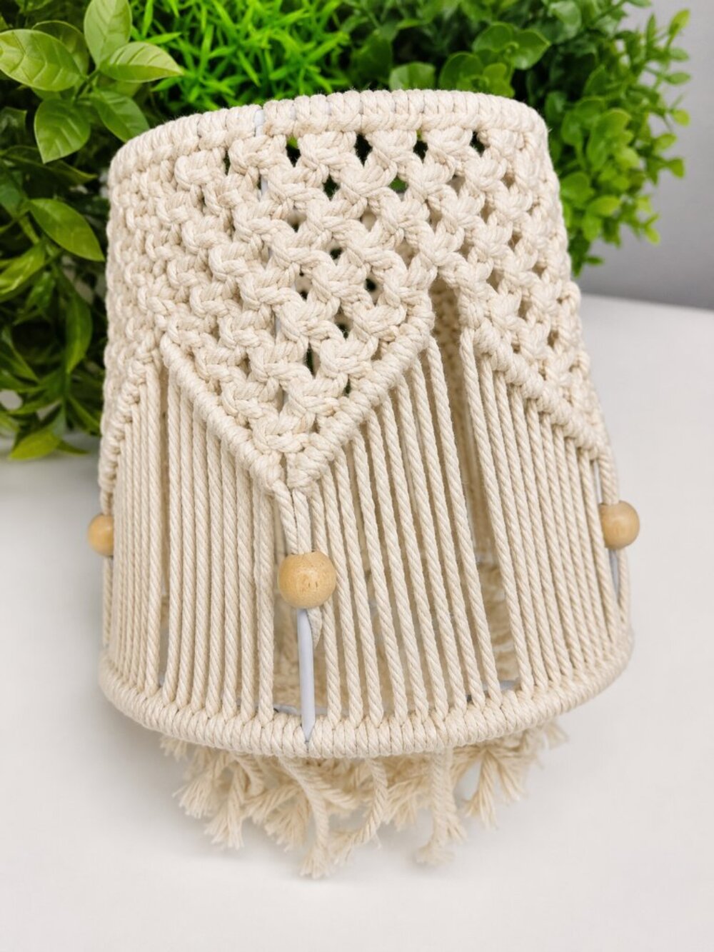 Boho Macrame Lamp Shade Ivory Hand Woven Cotton Fringe Pendant Cover NWOT - Picture 2 of 5